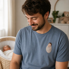 Custom Newborn Photo Embroidered T-Shirt with Back Print - New Parent Gift - front worn embroidery detail