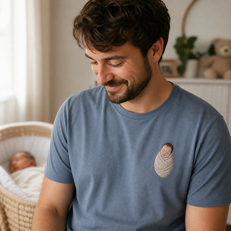 Custom Newborn Photo Embroidered T-Shirt with Back Print - New Parent Gift - front worn embroidery detail