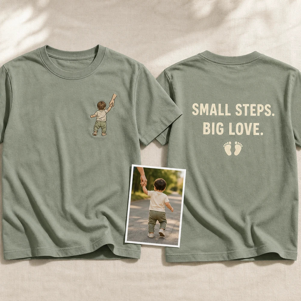 Custom Baby First Steps Embroidered T-Shirt with Back Print - Milestone Gift - front and back overview