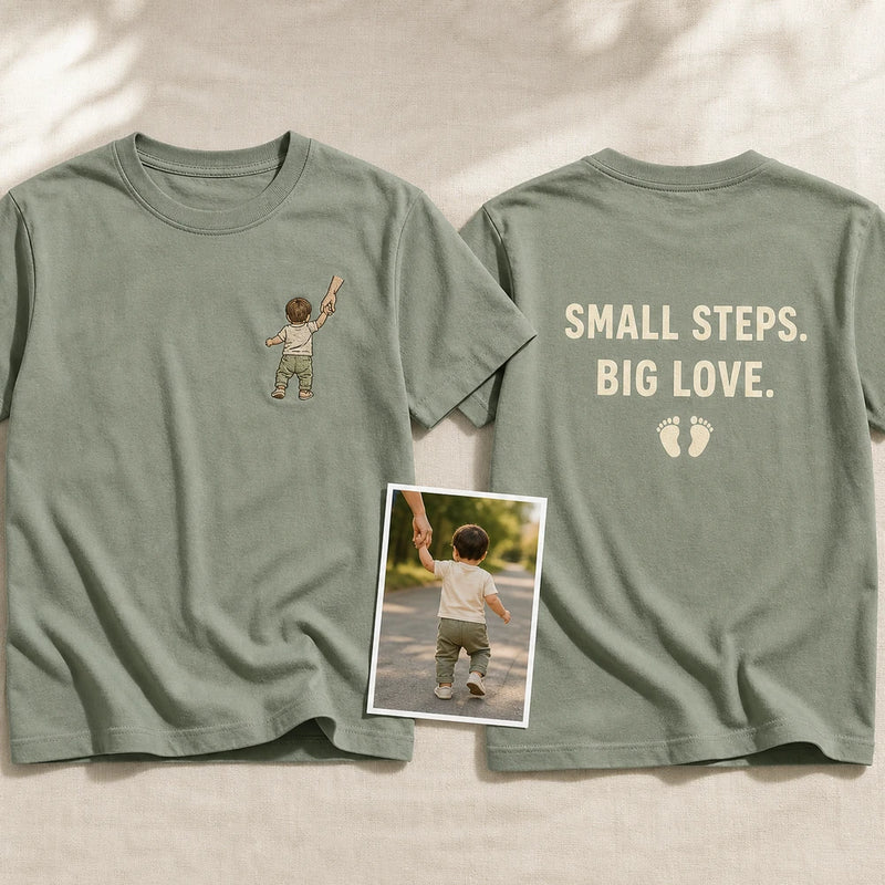 Custom Baby First Steps Embroidered T-Shirt with Back Print - Milestone Gift - front and back overview