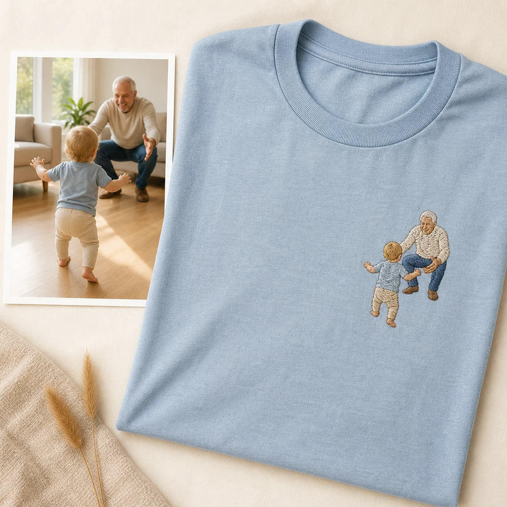 Custom Baby First Steps Embroidered T-Shirt with Back Print - Milestone Gift - source photo and front embroidery