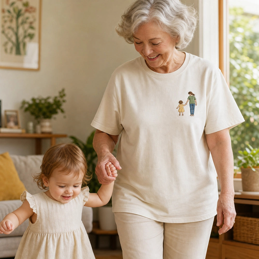 Custom Baby First Steps Embroidered T-Shirt with Back Print - Milestone Gift - front worn embroidery detail