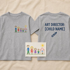 Custom Kids Family Drawing Embroidered T-Shirt with Back Print - Grandparent Gift - front and back overview