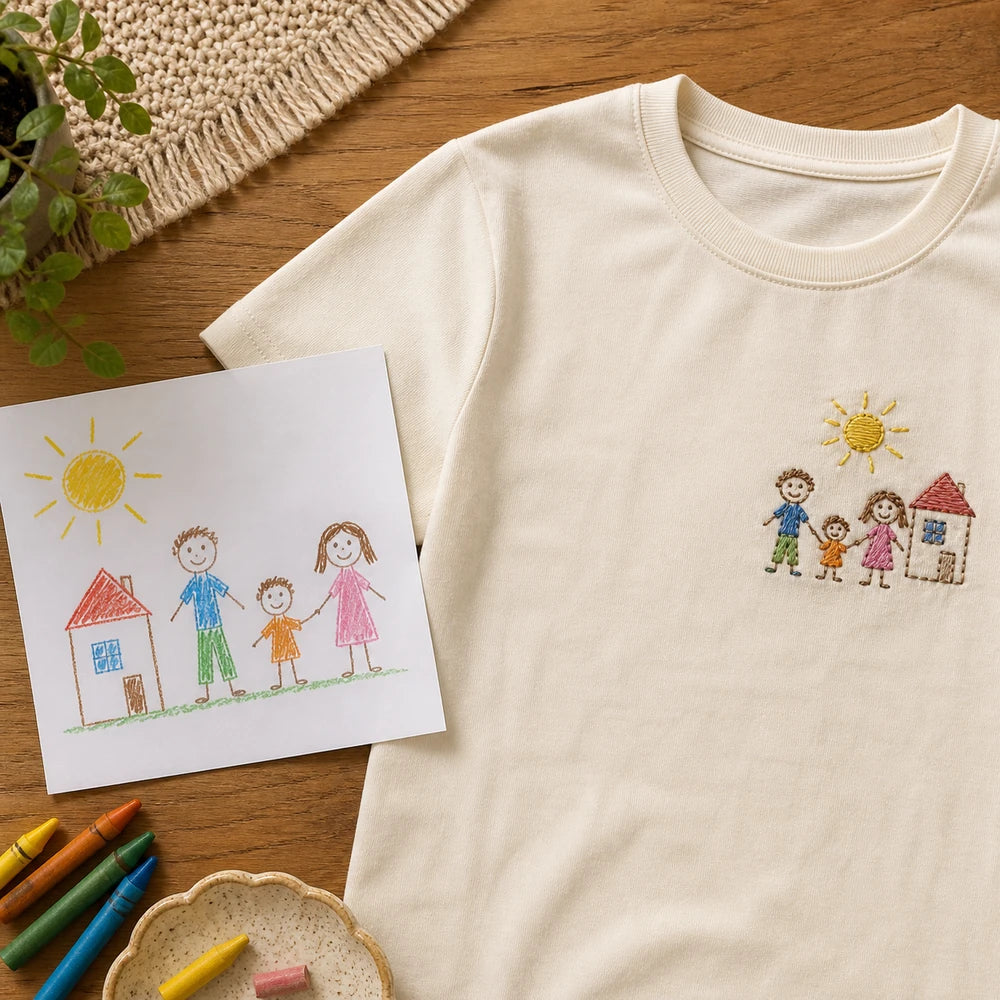 Custom Kids Family Drawing Embroidered T-Shirt with Back Print - Grandparent Gift - source photo and front embroidery