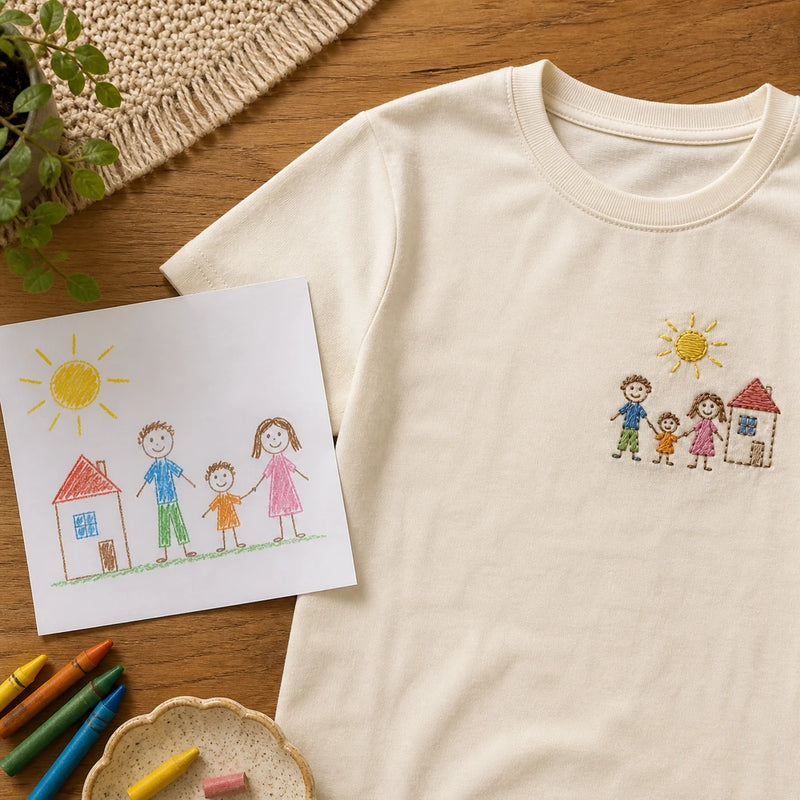 Custom Kids Family Drawing Embroidered T-Shirt with Back Print - Grandparent Gift - source photo and front embroidery