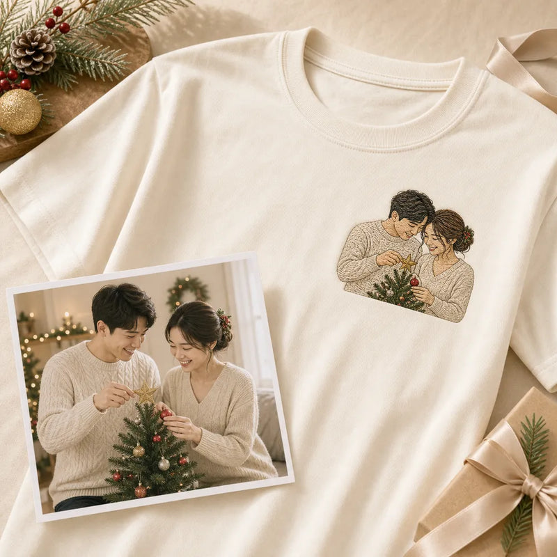Custom first Christmas married couple embroidered hoodie with couple portrait embroidery