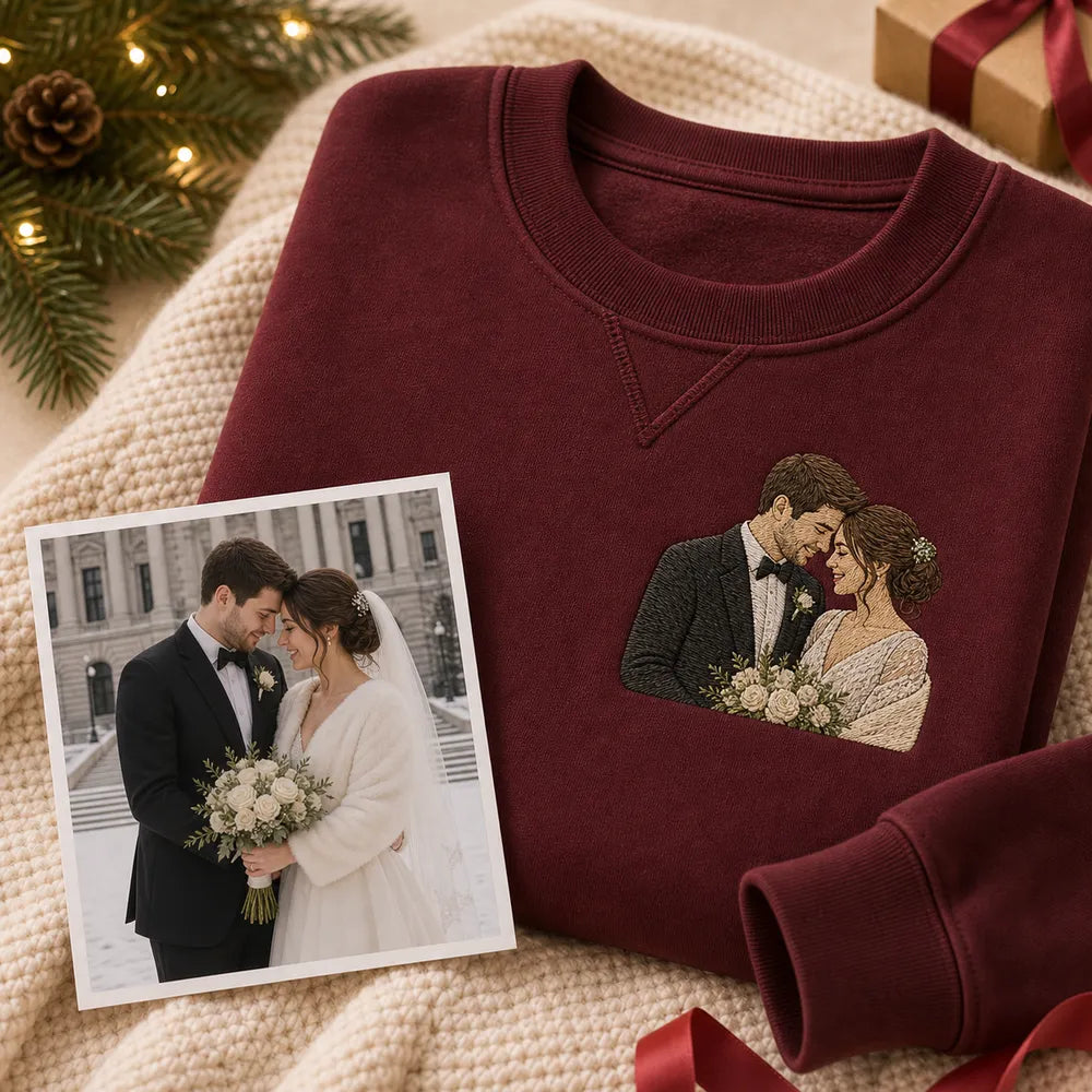 Custom first Christmas married couple embroidered hoodie with couple portrait embroidery