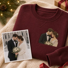 Custom first Christmas married couple embroidered hoodie with couple portrait embroidery