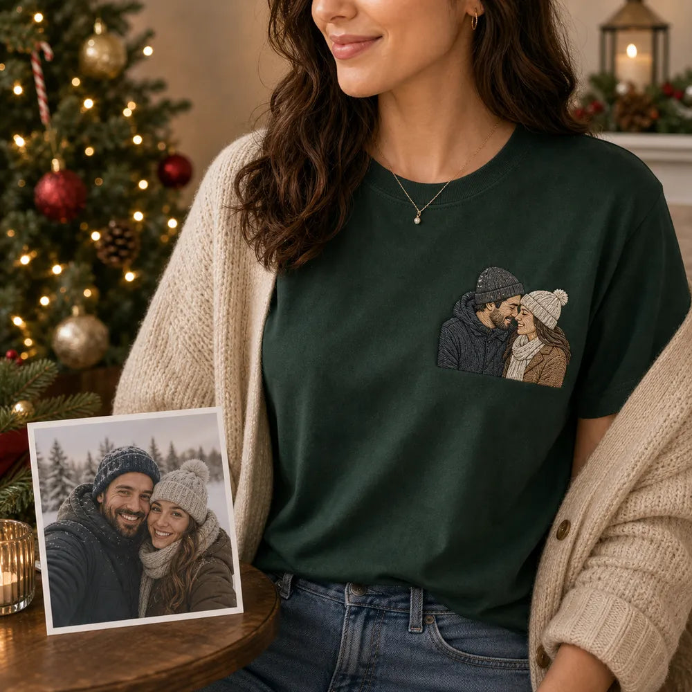 Custom first Christmas married couple embroidered hoodie with couple portrait embroidery