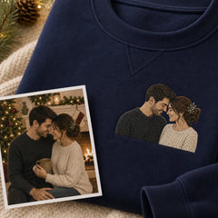 Custom first Christmas married couple embroidered hoodie with couple portrait embroidery