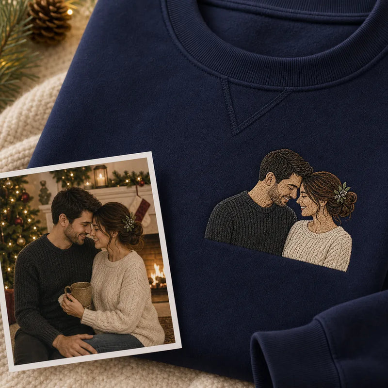 Custom first Christmas married couple embroidered hoodie with couple portrait embroidery