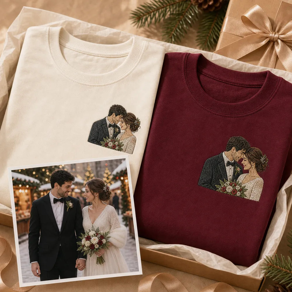 Custom first Christmas married couple embroidered hoodie with couple portrait embroidery