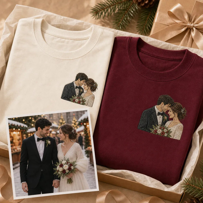 Custom first Christmas married couple embroidered hoodie with couple portrait embroidery