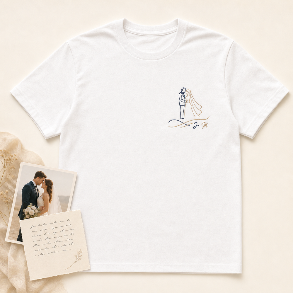 Custom wedding vow embroidered T-shirt main image with couple photo and vow card