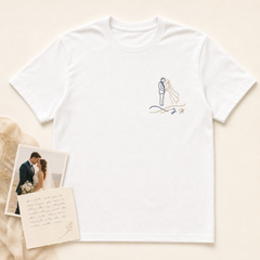 Custom wedding vow embroidered T-shirt main image with couple photo and vow card