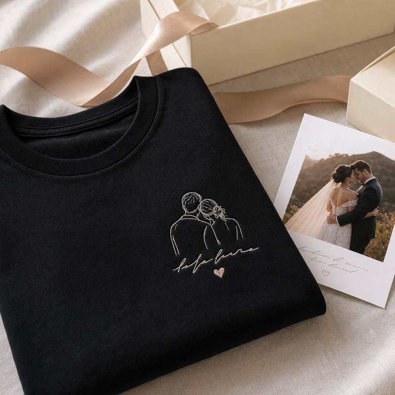 Custom wedding vow embroidered T-shirt gift detail image with left chest embroidery