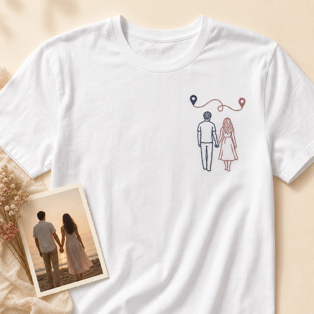 Custom long distance couple coordinates and photo outline embroidery T-shirt main product view