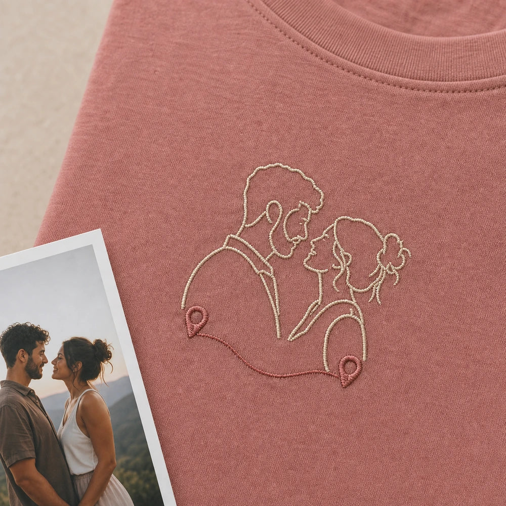 Custom long distance couple coordinates embroidery detail
