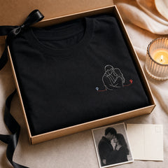 Custom long distance couple embroidered T-shirt gift-ready presentation