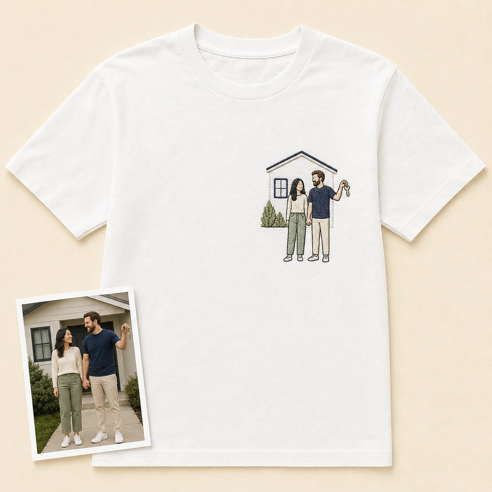 Custom first home couple photo outline embroidered T-shirt main product view