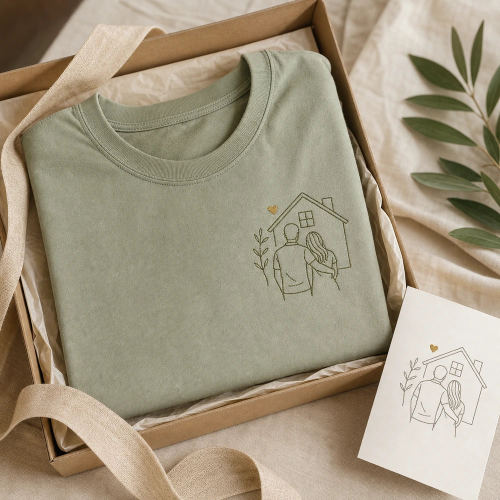 Custom first home couple embroidered T-shirt gift-ready presentation