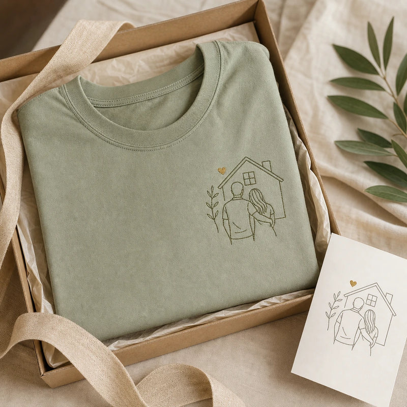 Custom first home couple embroidered T-shirt gift-ready presentation