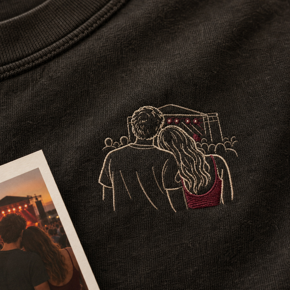 Custom Couple Concert Photo Outline Embroidered T-Shirt - Personalized Concert Date Gift embroidery detail image with custom left chest embroidery