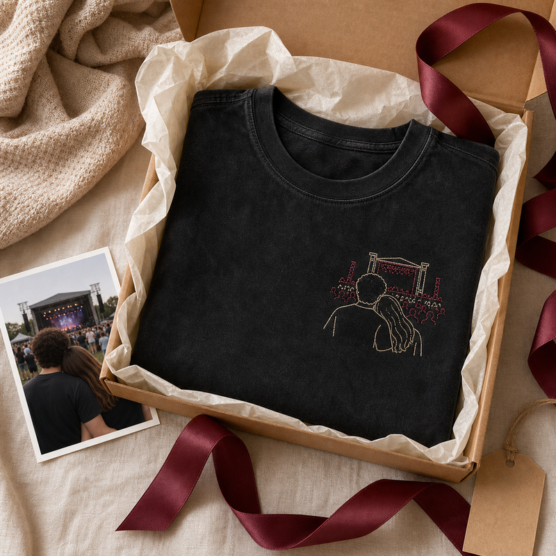 Custom Couple Concert Photo Outline Embroidered T-Shirt - Personalized Concert Date Gift gift display image with custom left chest embroidery