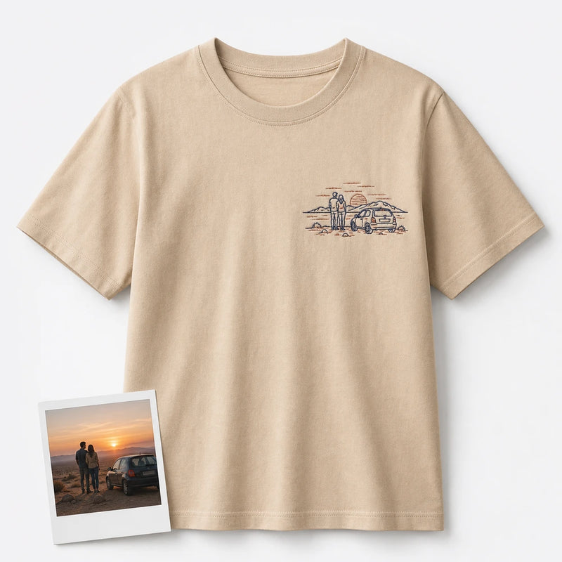 Custom Couple Road Trip Photo Outline Embroidered T-Shirt - Personalized Travel Gift main product image with custom left chest embroidery based on couple road trip sunset photo