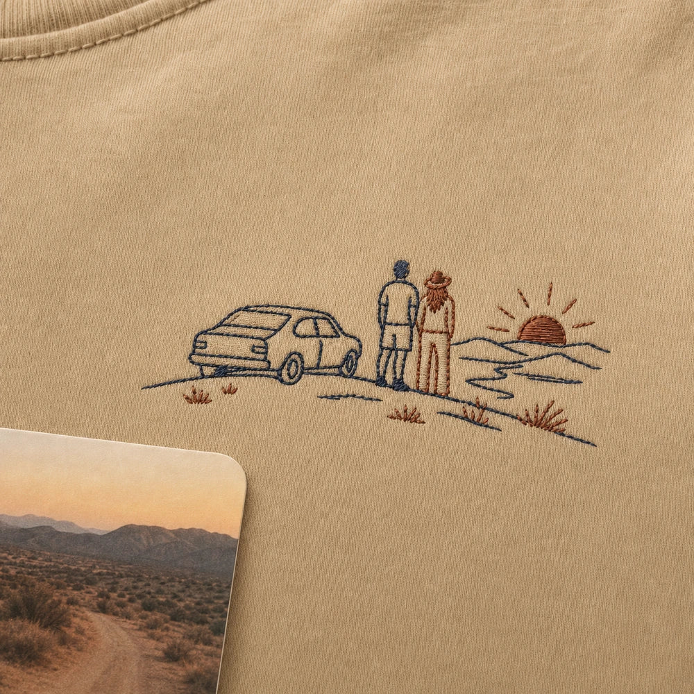 Custom Couple Road Trip Photo Outline Embroidered T-Shirt - Personalized Travel Gift embroidery detail image with custom left chest embroidery based on couple road trip sunset photo