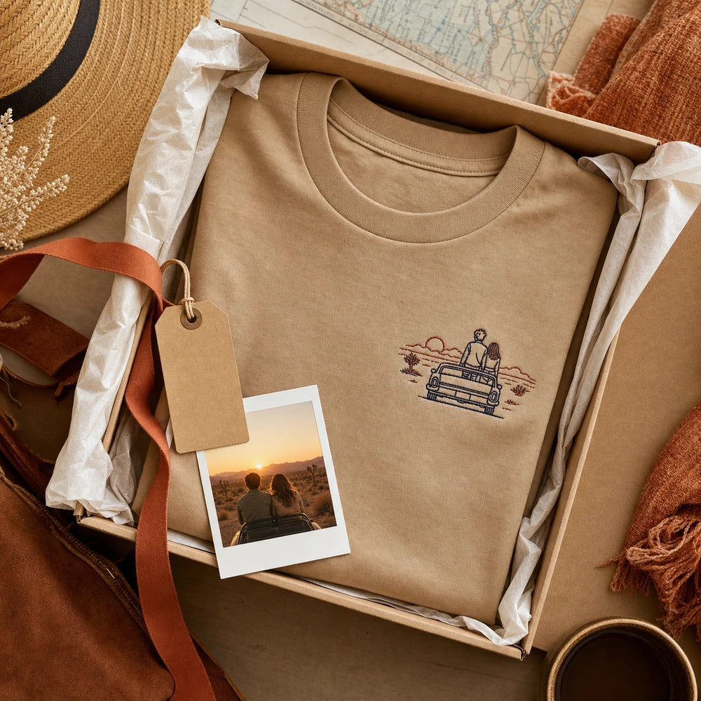 Custom Couple Road Trip Photo Outline Embroidered T-Shirt - Personalized Travel Gift gift display image with custom left chest embroidery based on couple road trip sunset photo