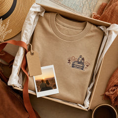 Custom Couple Road Trip Photo Outline Embroidered T-Shirt - Personalized Travel Gift gift display image with custom left chest embroidery based on couple road trip sunset photo
