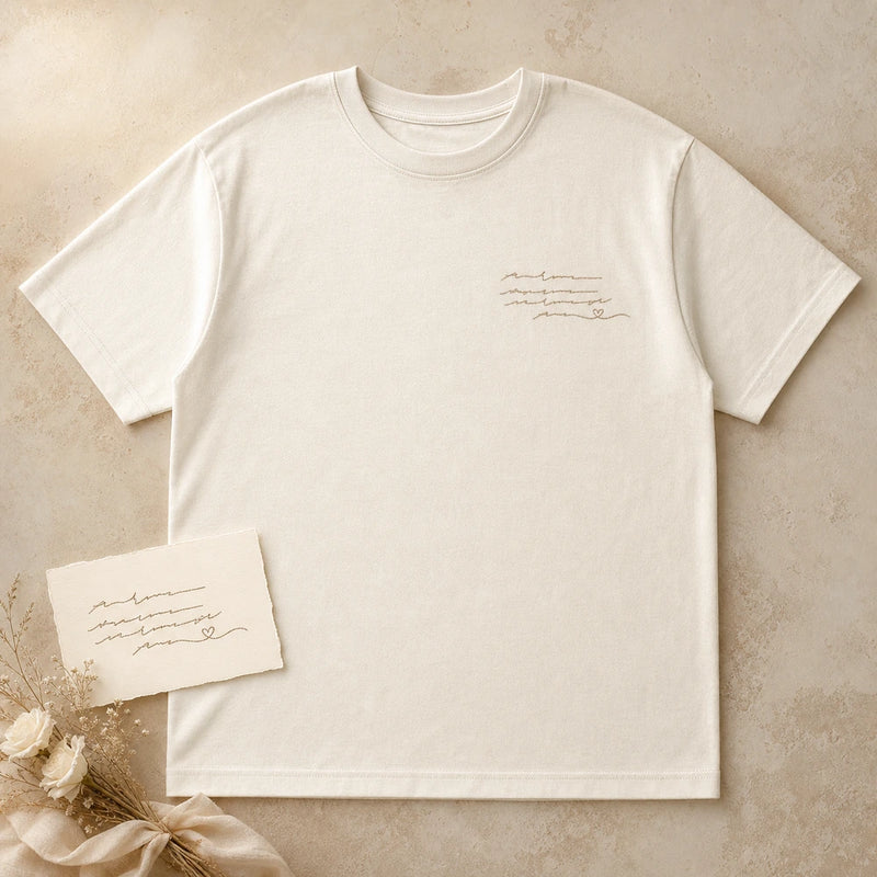 Custom Wedding Vow Handwriting Embroidered T-Shirt - Personalized First Anniversary Gift main product image with custom left chest embroidery based on short handwritten wedding vow line