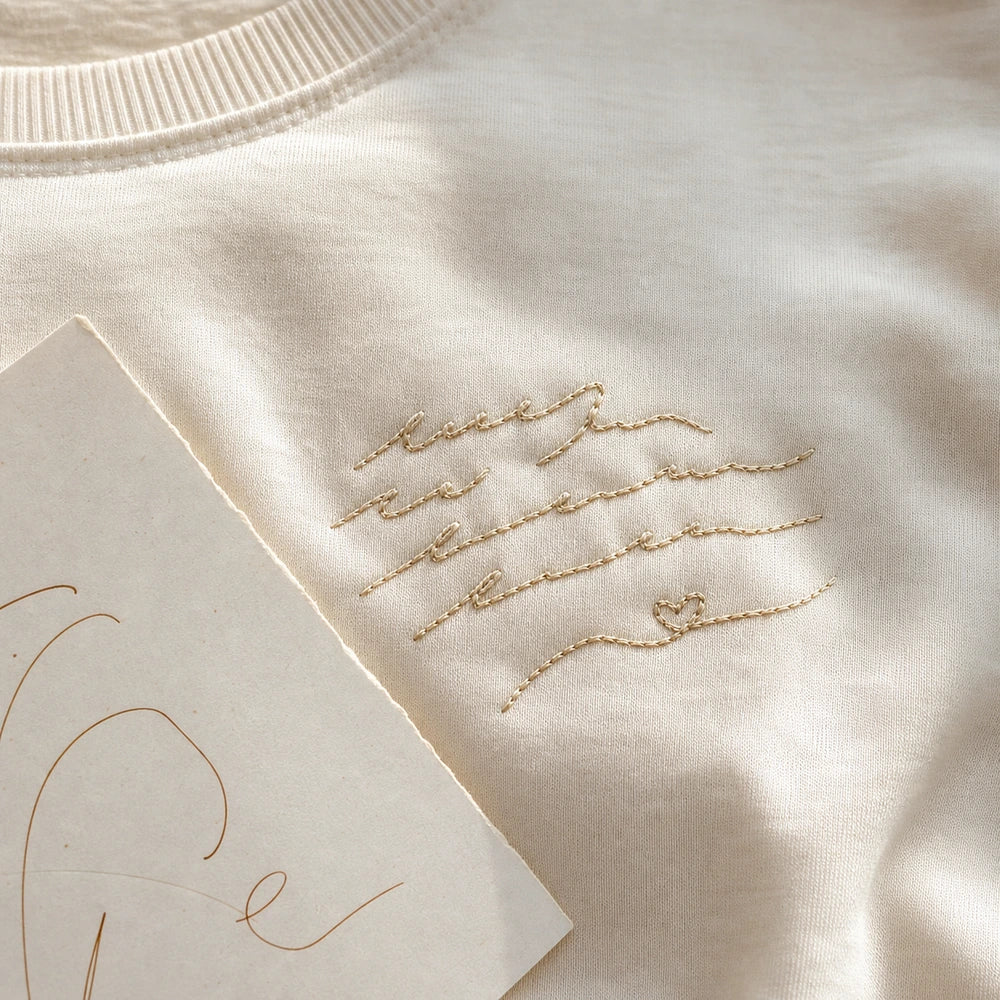 Custom Wedding Vow Handwriting Embroidered T-Shirt - Personalized First Anniversary Gift embroidery detail image with custom left chest embroidery based on short handwritten wedding vow line