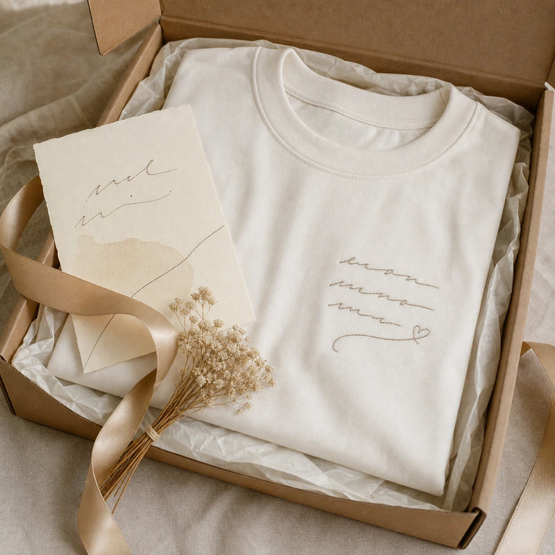 Custom Wedding Vow Handwriting Embroidered T-Shirt - Personalized First Anniversary Gift gift display image with custom left chest embroidery based on short handwritten wedding vow line