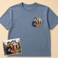 Custom First Home Couple Photo Embroidered T-Shirt - Personalized Housewarming Gift main product image with custom left chest embroidery based on couple standing outside their first home with keys
