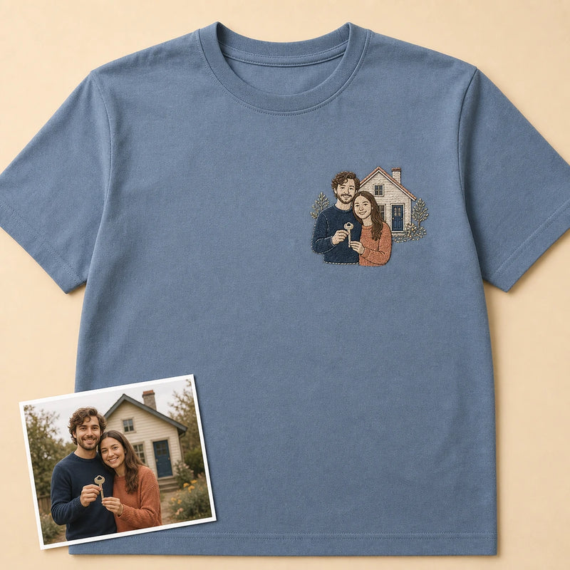 Custom First Home Couple Photo Embroidered T-Shirt - Personalized Housewarming Gift main product image with custom left chest embroidery based on couple standing outside their first home with keys