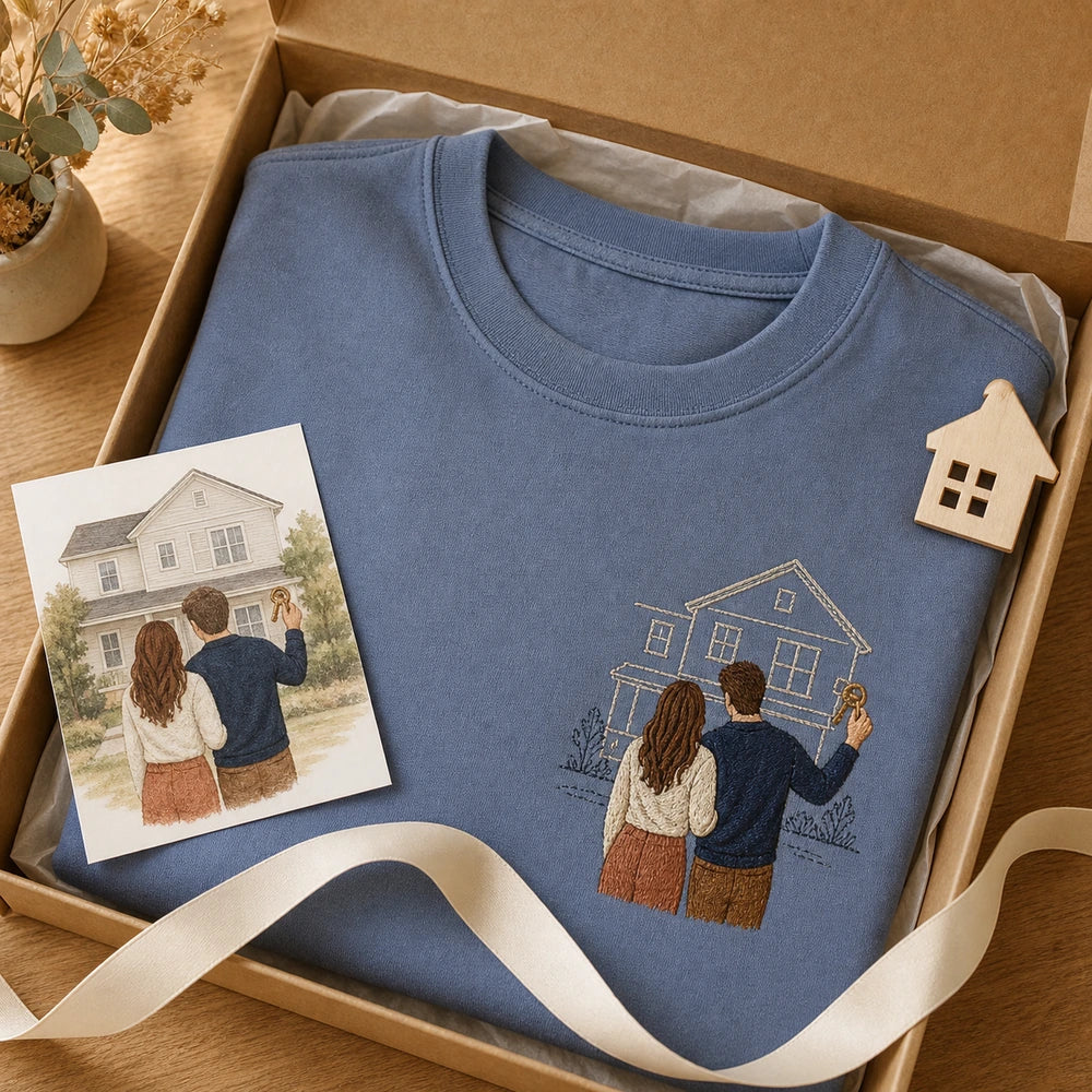 Custom First Home Couple Photo Embroidered T-Shirt - Personalized Housewarming Gift gift display image with custom left chest embroidery based on couple standing outside their first home with keys