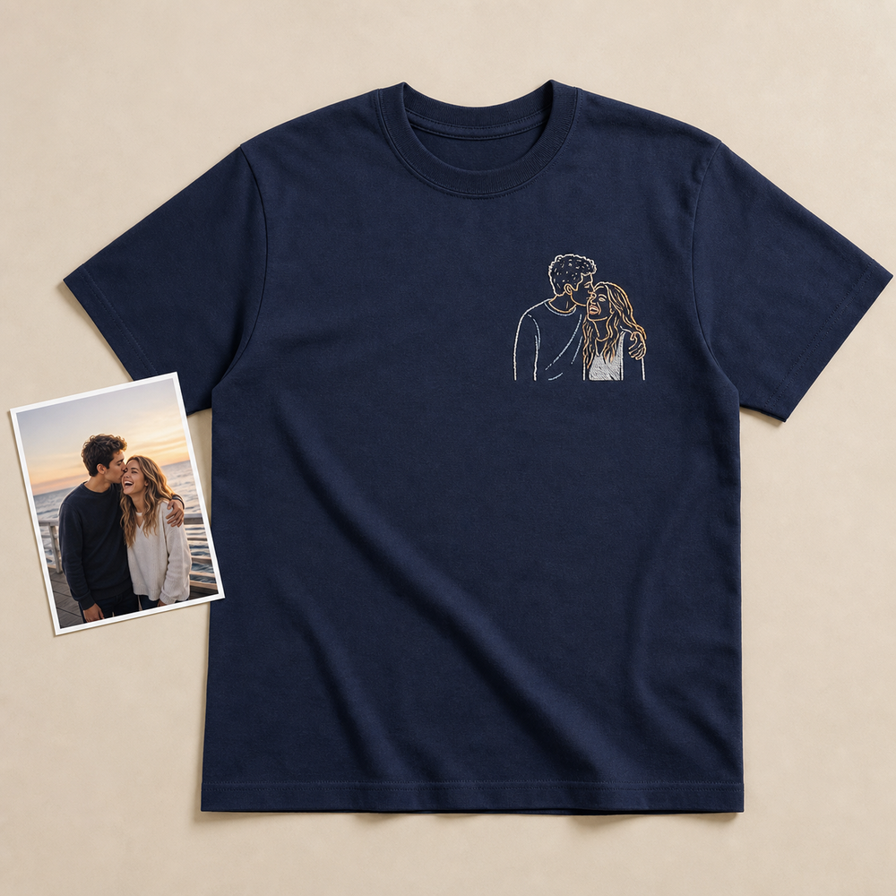 Custom couple photo embroidered T-shirt showing source photo and matching left chest outline embroidery