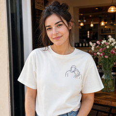 Custom couple photo embroidered T-shirt worn from the front with left chest outline embroidery