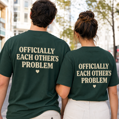 Custom couple photo T-shirt worn from the back with a playful couple phrase print