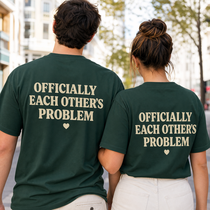 Custom couple photo T-shirt worn from the back with a playful couple phrase print