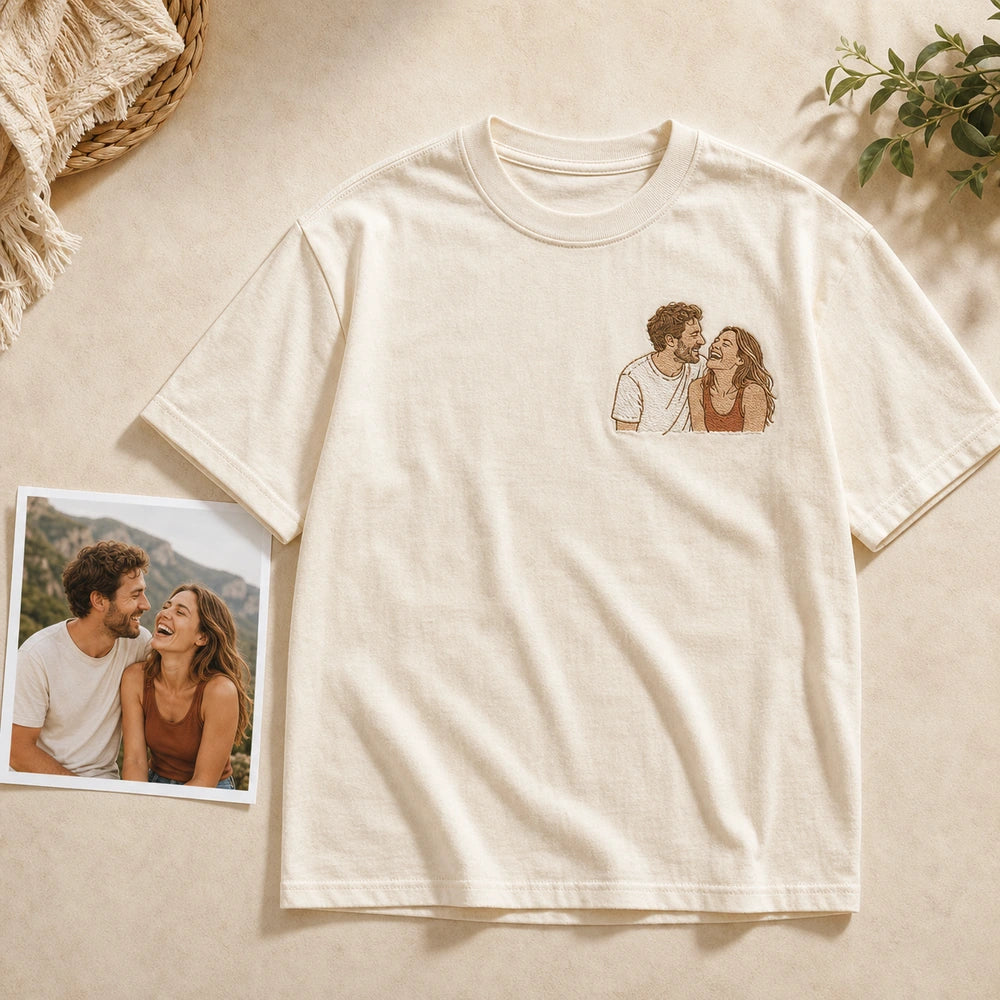 Custom Wife Photo Embroidered T-Shirt with Funny Back Print - Husband Gift source photo and front embroidery product image with custom left chest embroidery based on clear candid couple photo with a married couple