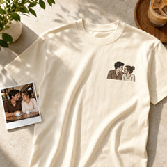Custom Girlfriend Photo Embroidered T-Shirt with Funny Back Print - Couple Gift source photo and front embroidery product image with custom left chest embroidery based on clear everyday couple photo from a coffee date or city walk