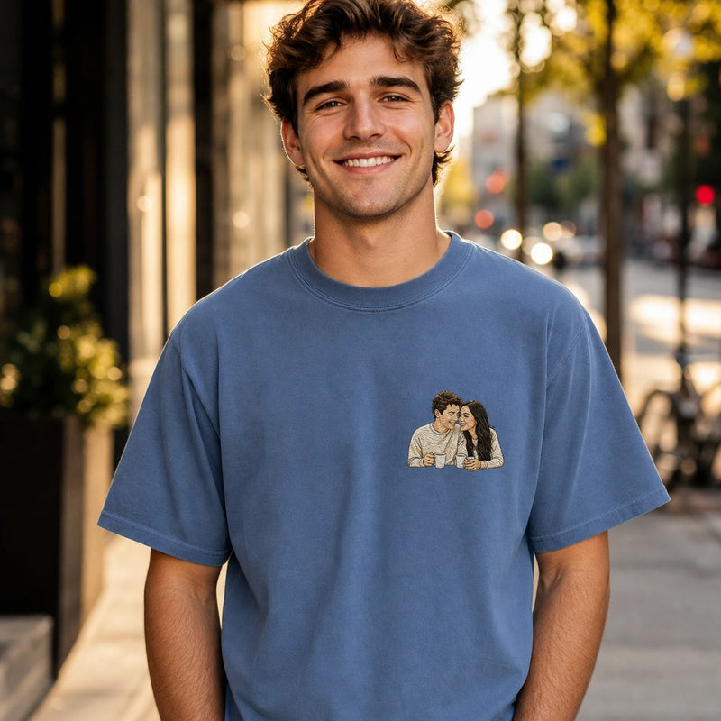 Custom Girlfriend Photo Embroidered T-Shirt with Funny Back Print - Couple Gift front worn product image with left chest embroidery with custom left chest embroidery based on clear everyday couple photo from a coffee date or city walk