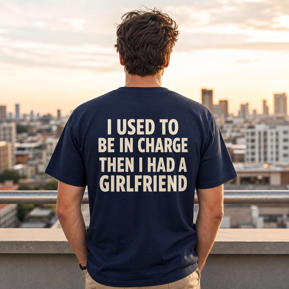 Custom Girlfriend Photo Embroidered T-Shirt with Funny Back Print - Couple Gift back worn product image with custom printed phrase with custom left chest embroidery based on clear everyday couple photo from a coffee date or city walk