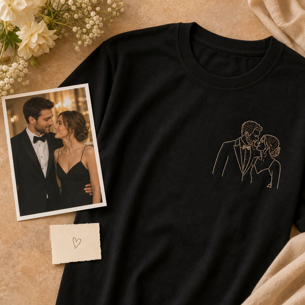 Custom Wife Photo Embroidered T-Shirt with Funny Back Print - Anniversary Gift source photo and front embroidery product image with custom left chest embroidery based on clear couple photo from a wedding day or dressed-up date