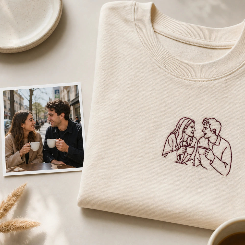 Custom Couple Photo Embroidered T-Shirt source photo and left chest embroidery