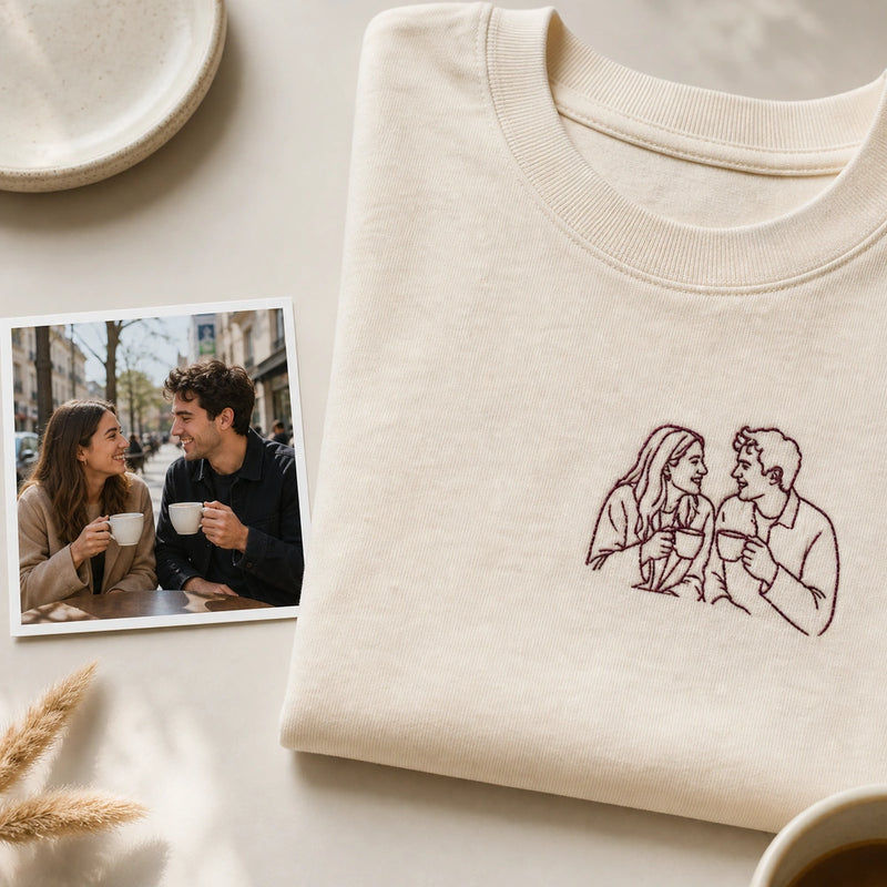 Custom Couple Photo Embroidered T-Shirt source photo and left chest embroidery