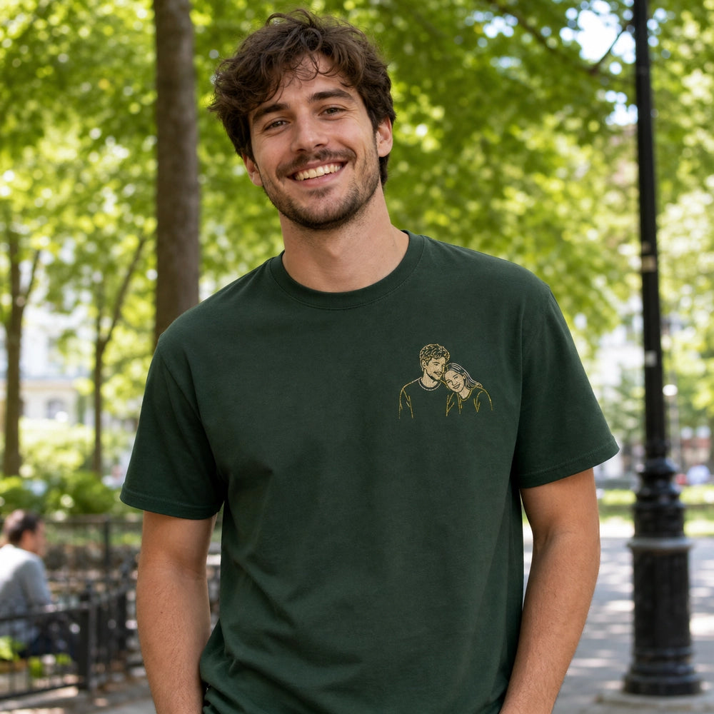Custom Couple Photo Embroidered T-Shirt front worn detail